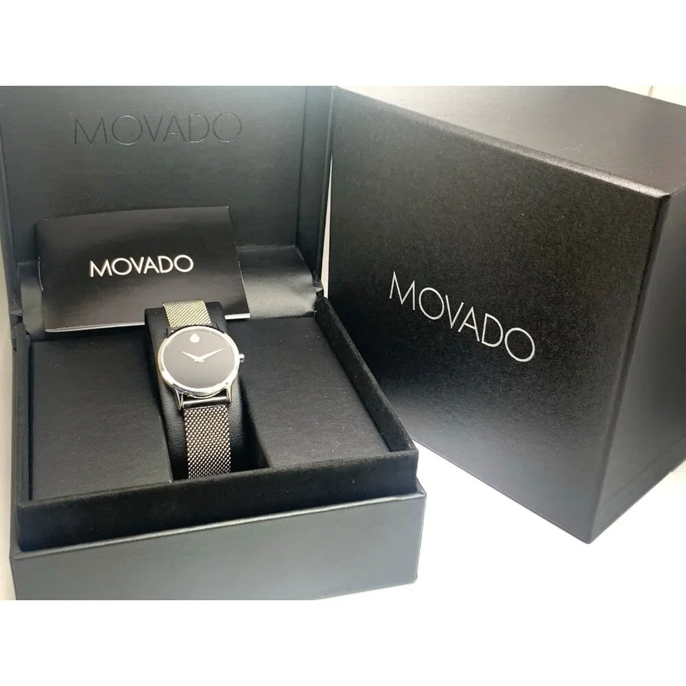 Movado Women's Watch 0607220 Black Dial Swiss Quartz 28mm Silver Mesh Band